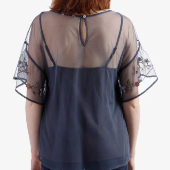 Lucky Brand -258 Grey Embroidered Sheer Floral 3/4 Sleeve Evening Blouse Size S - Picture 2 of 11